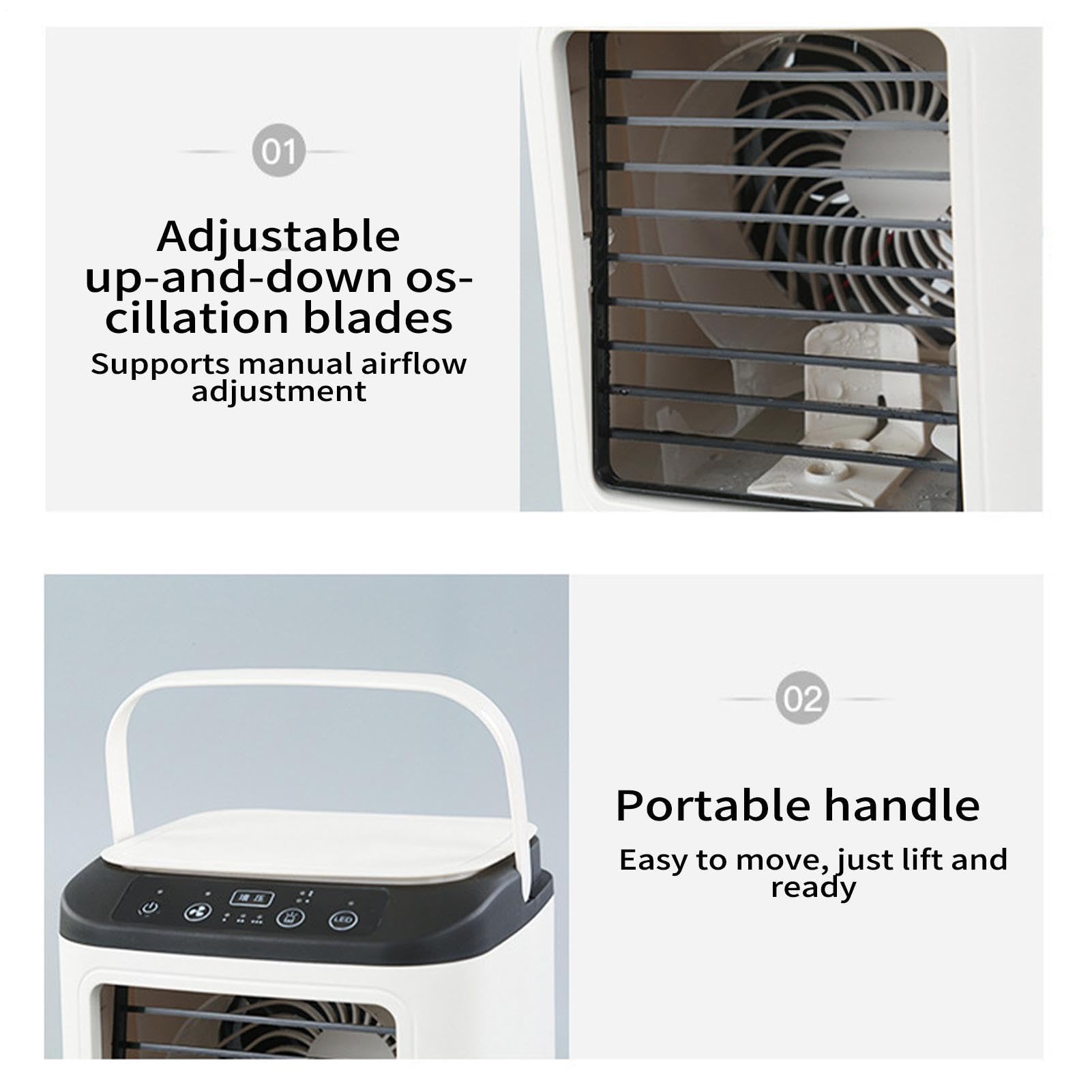 Condizionatore Portatile, Raffrescatore Evaporativo 4-in-1 | Mini Ventilatore da Tavolo Silenzioso con 3 Velocità, 2 Spray, Serbatoio 900ml, Luce LED e Stampo Ghiaccio per Ufficio Casa