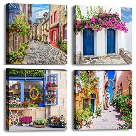 Italy Tuscan Wall Art, Colorful Nature Scenic Framed Pictures Canvas Prints, Modern Town Street Artwork Paintings for Living Room, Bedroom, Office Wall Decor