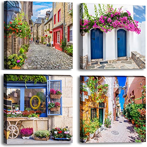 Image of Italy Tuscan Wall Art, Colorful Nature Scenic Framed Pictures Canvas Prints, Modern Town Street Artwork Paintings for Living Room, Bedroom, Office Wall Decor 12 inchx12 inchx4pcs