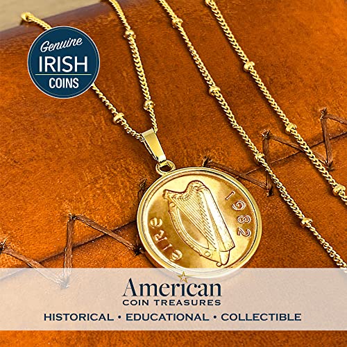 American Coin Treasures Pendant Irish Half Penny Coin Necklace- Saturn Style 18+3 Inch Extender Chain- Goldtone Bezel- Harp Obverse Side2