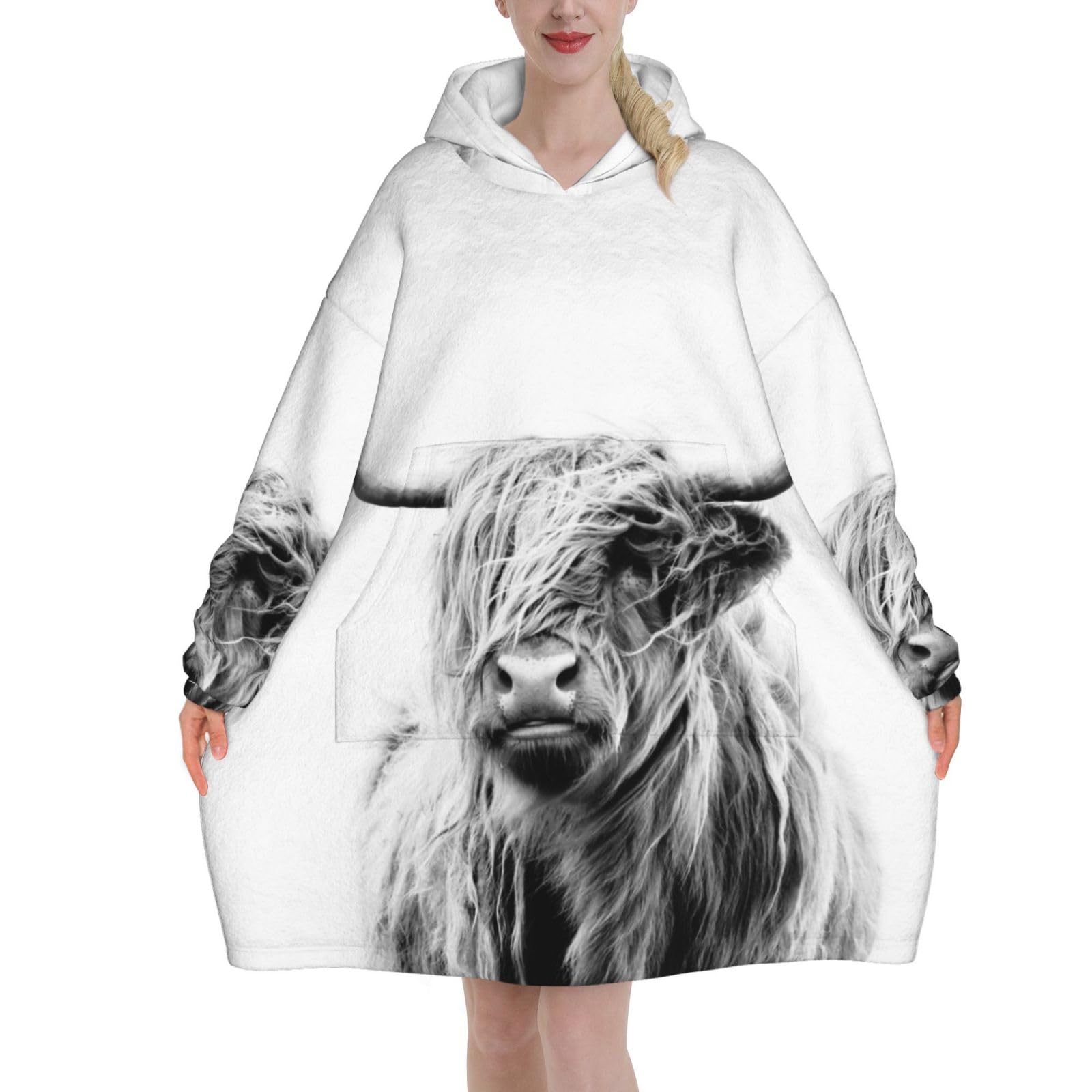 Yxdvpalne Unisex As Picture Highland Cow Oversized Women's Wearable Blanket Hoodie, Flannel Pullover Blanket, Blanket Sweatshirt