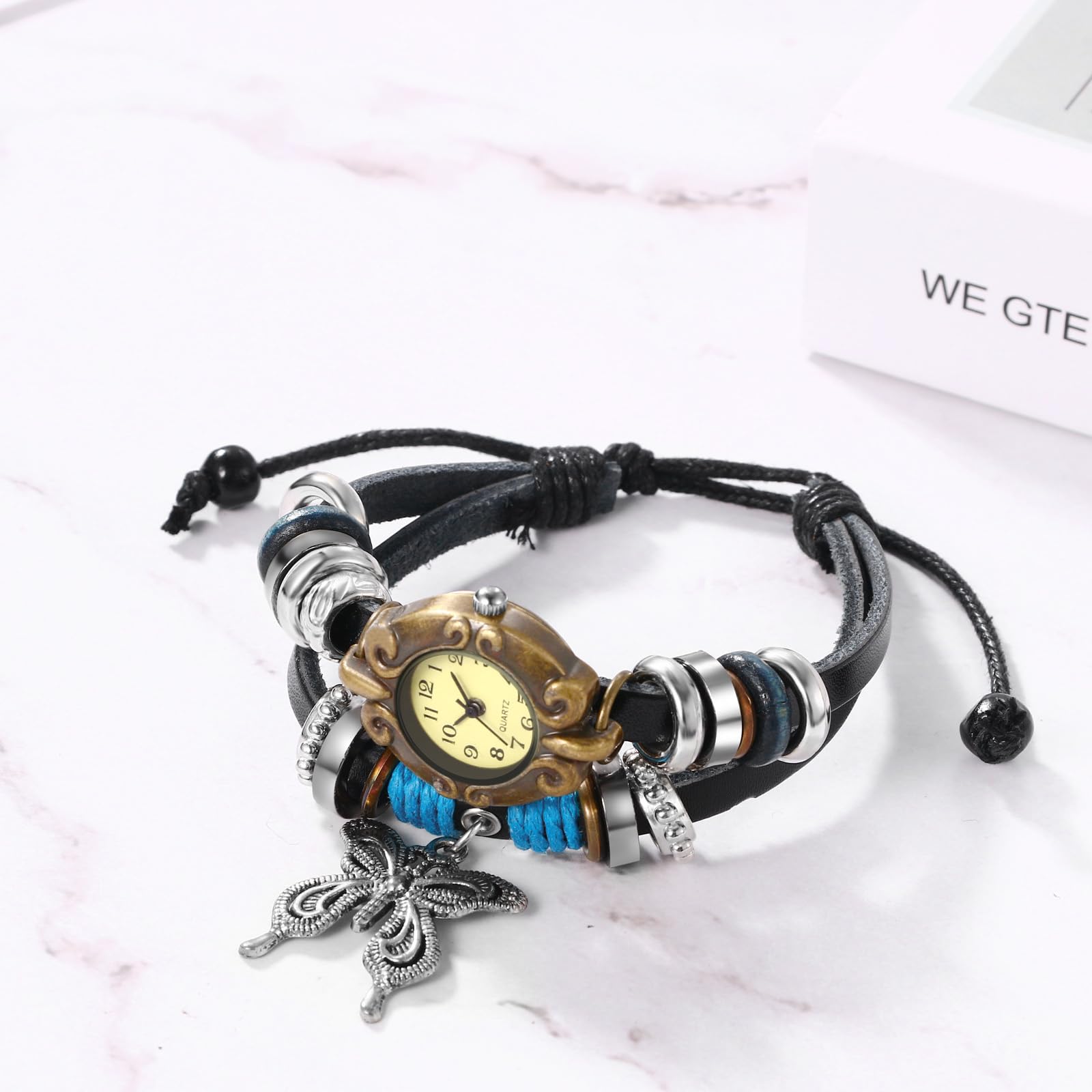 JewelryWe Damski zegarek na rękę, retro, pleciona, skórzana, bransoletka z zawieszką w kształcie liścia, dla kobiet i dziewcząt