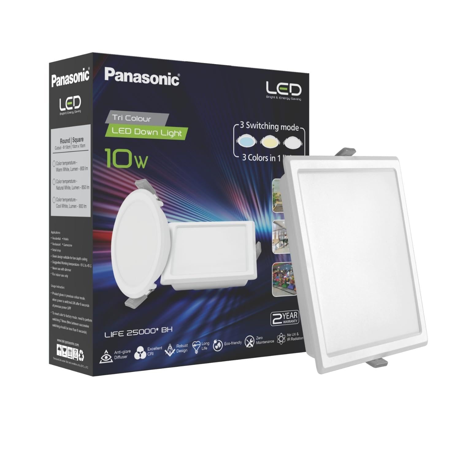 Panasonic Plastic 10W 3 In 1 Colour Led Square Downlight | Colour Changing Ceiling Light For Home | 10 Watt Tri Colour Surface Light (Cool White, Warm White & Natural White)