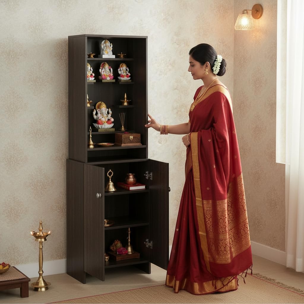 FURNEASER Shrisha Wooden Pooja Mandir for Home with Storage | Floor Standing Temple with Shelves & Cabinet | Engineered Wood Mandir for Home | Modern Prayer Unit (Wenge Finish, 161x50x28 cm)