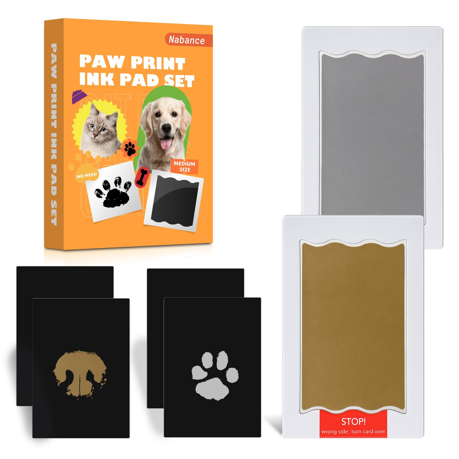 Nabance Pfotenabdruck set Hund, Fußabdruck Baby, 2 pcs Gold und Silber Stempelkissen mit 4 Karten Fussabdruck Baby Clean Touch Handabdruck Baby Hundeschnauze Druck Kit Geschenk für Haustiere Besitzer