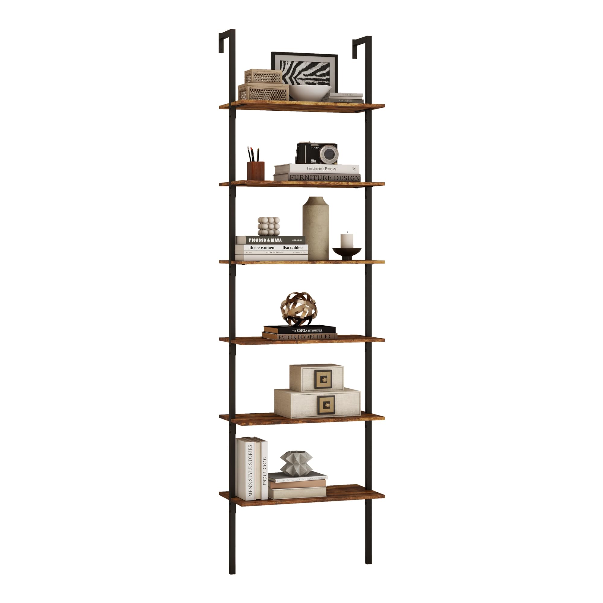 Panana 6 Tier Tall Modern Bookshelf, Industrial Ladder Shelf Open Space Wall Mount Bookshelf with Metal Frame Sturdy Bookcase for Living Room (Brown, 6-Tier)