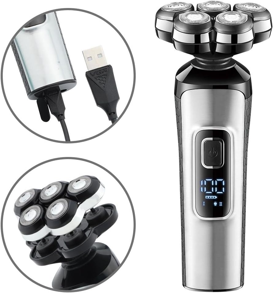 Head Shaver for Men, 5D Rotary IPX5 Waterproof Rechargeable Professional Electric Beard Shaver for Men Trimmer Men's Tools, Silver