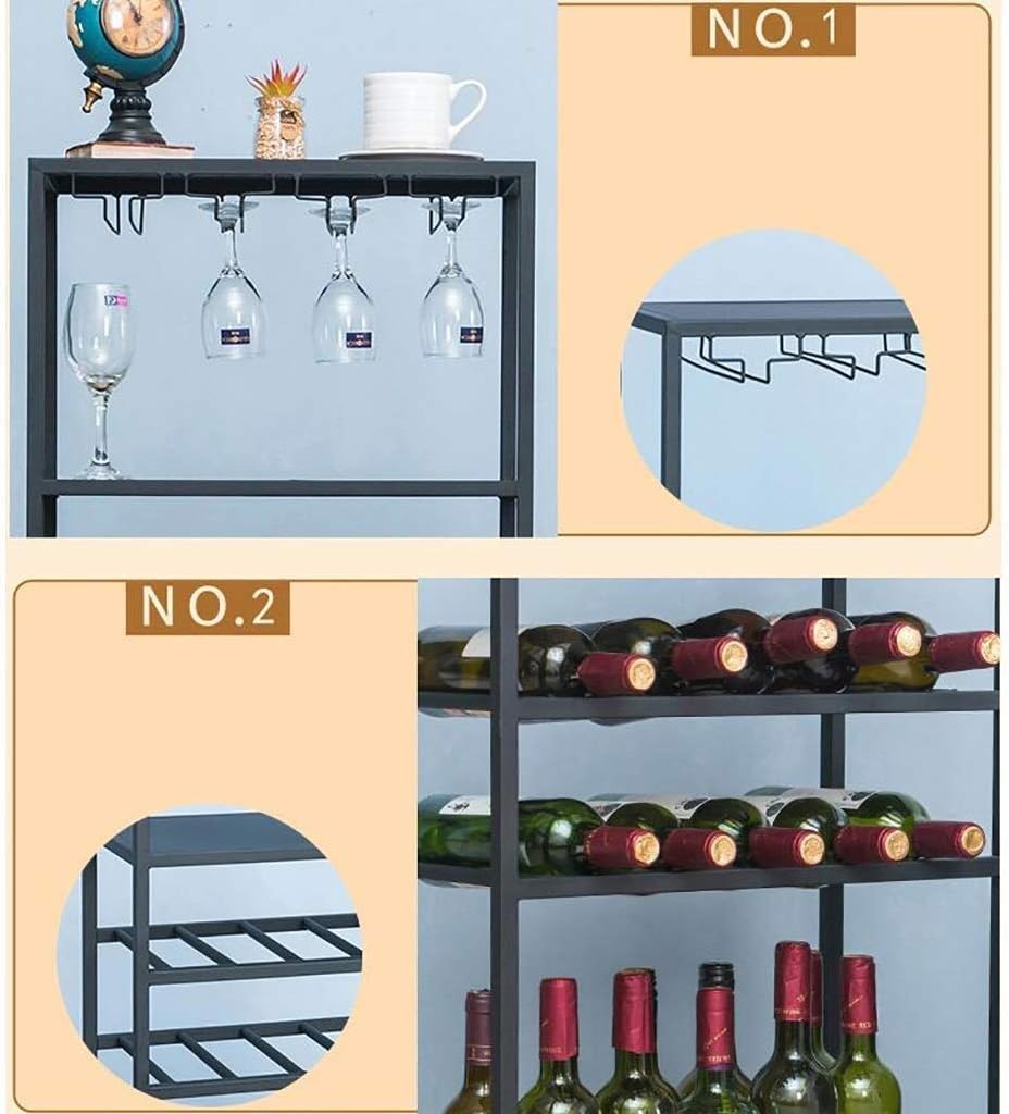 Wrought Iron Wine Cabinet and Glass Free Standing Holder Floor Wine Rack Wine Display Stand Shelf for Kitchen Wine Cellar Bar Wine Show B