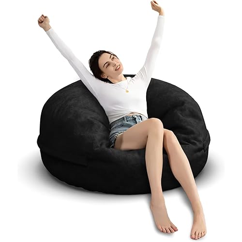 Bean Bag Chair for Adults 3FT,Soft Removable Cover for Teens/Girls Bedroom,Fluffy Giant Round Floor Beanbag Lounger Chairs (No Filler,Black)