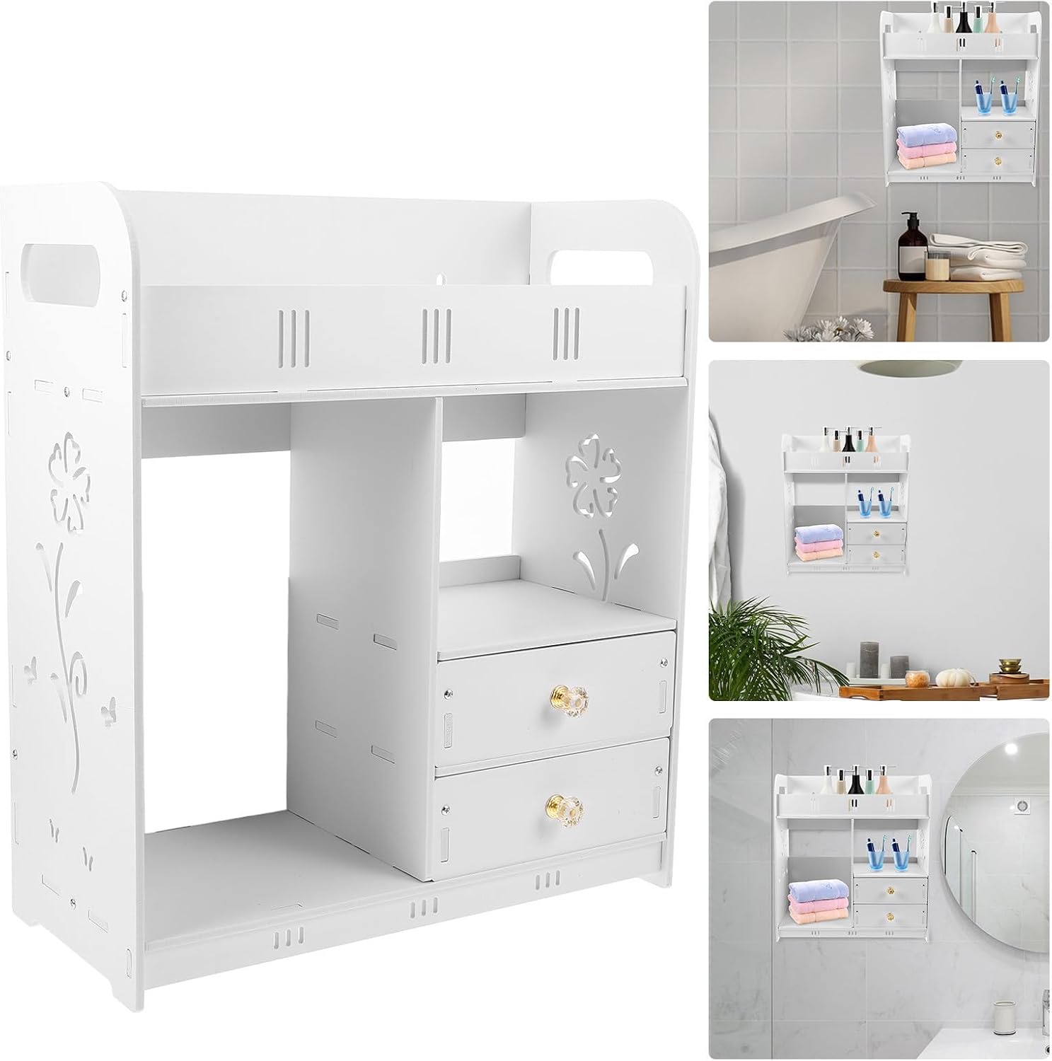 Uonlytech White Plastic Wall Hanging Shelf Multiple Layers Drawer Design Wall Organizer Storage Rack Bathroom and Kitchen Sleek and Stylish