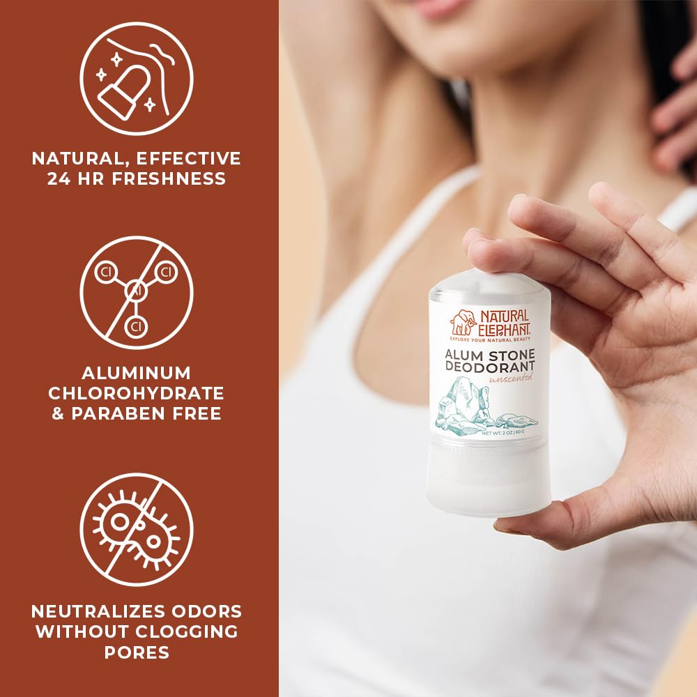 Natural Elephant Deodorante in pietra di allume, 60 g, naturale, senza profumo, senza alluminio, per uomini e donne (confezione da 5)