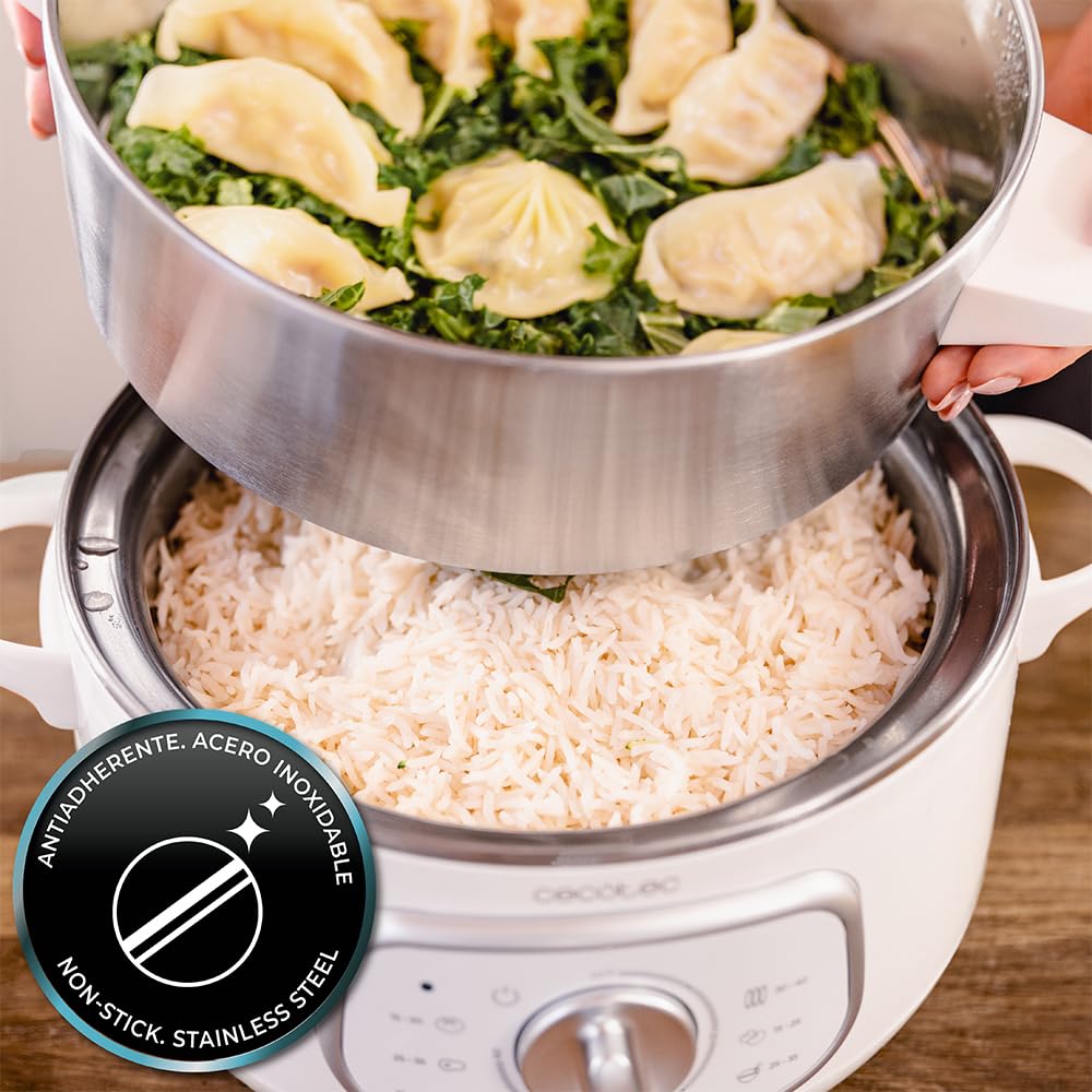 Cecotec Elektrischer Dampfgarer Vapovita Steelpot Weiß. Leistung 1300W, Edelstahlbehälter, 10L, einstellbare Zeit, automatische Abschaltung, einfache Reinigung, spezieller Deckel, gesundes Kochen