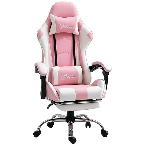 Vinsetto Ergonomic Gaming Chair, PU Leather Reclining Computer Chair with Footrest and Lumbar Support, Headrest and Adjustable Height for Adults, Pink