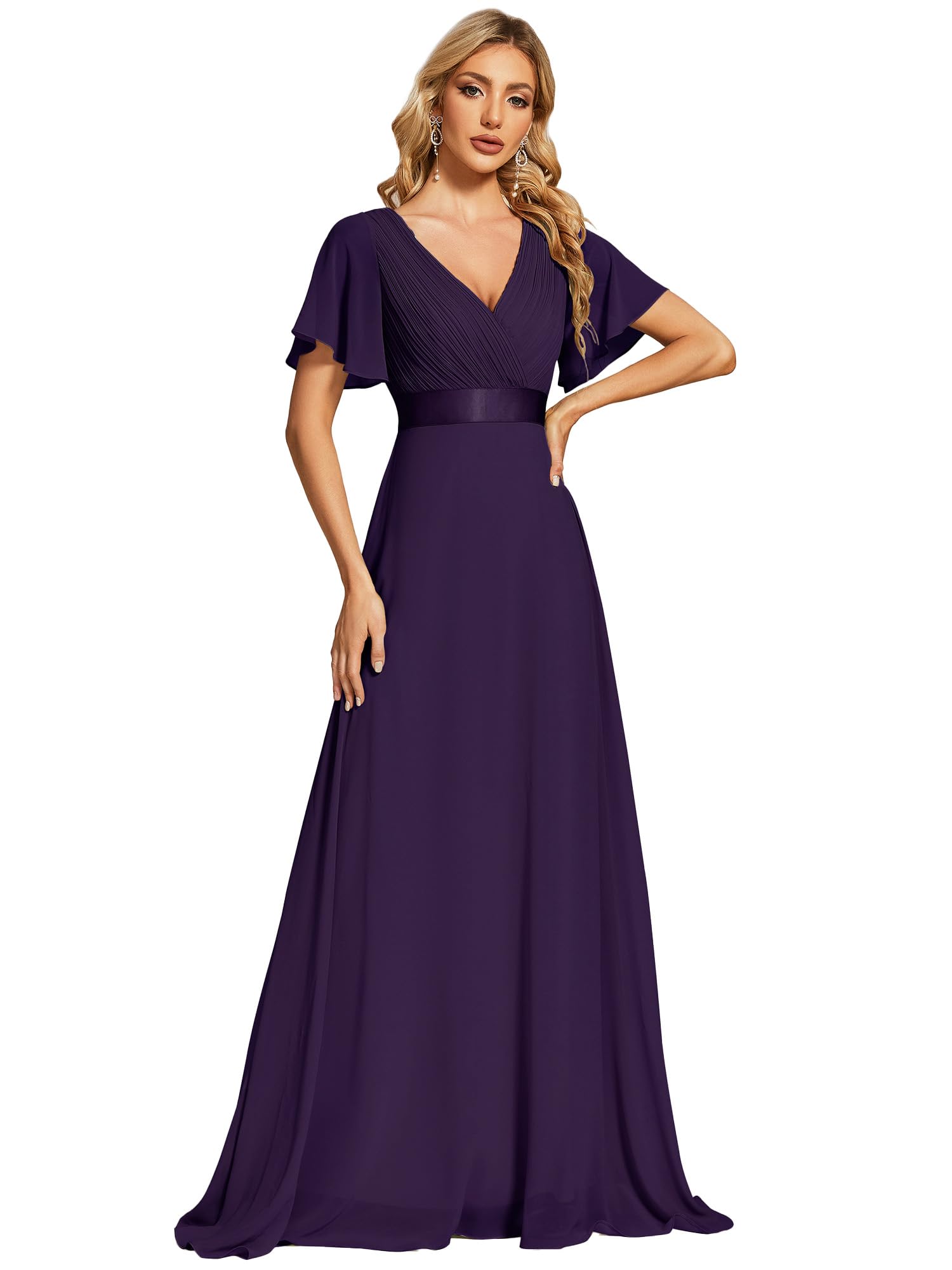 Ever-Pretty Damen Abendkleid Brautjungfer A-Linie Chiffon V Ausschnitt Bodenlang EP09890