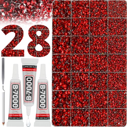 36000Pcs Red Rhinestones Gems for Bedazzling Siam Mixed Sizes 2-6MM Flatback Gems Bedazzler Kit with B7000 Glue Flat Back Resin Crystal Rhine Stone Diamond Jewel Gemstone for Crafting Clothes