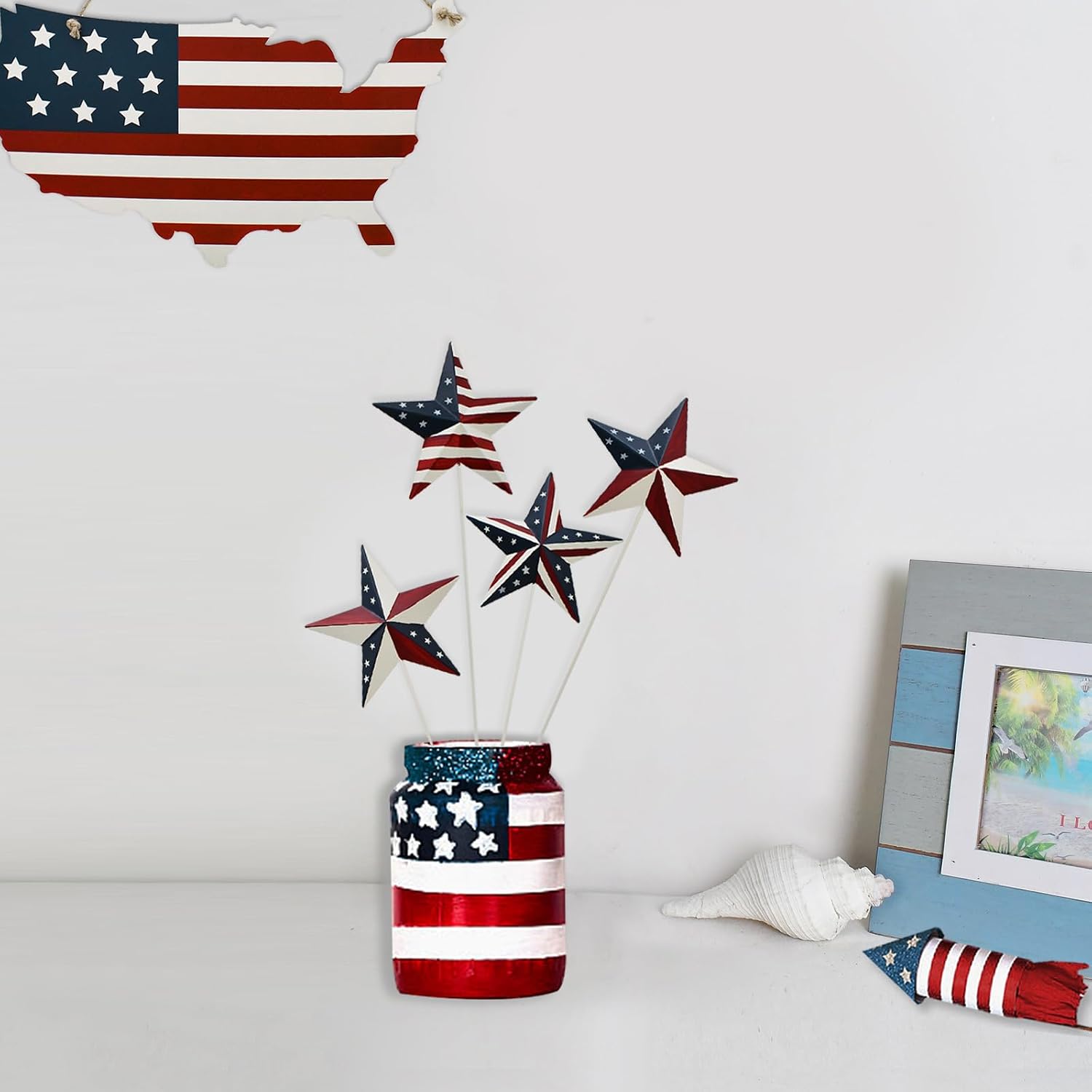 Linfevisi American Star Yard Signs 15.75 Inch 8 Pack of Metal Patriotic Barn Stars Garden Stakes US Flag Outdoor 4th of July Decorations Memorial Day Yard Art Lawn Ornaments Patio for Outside