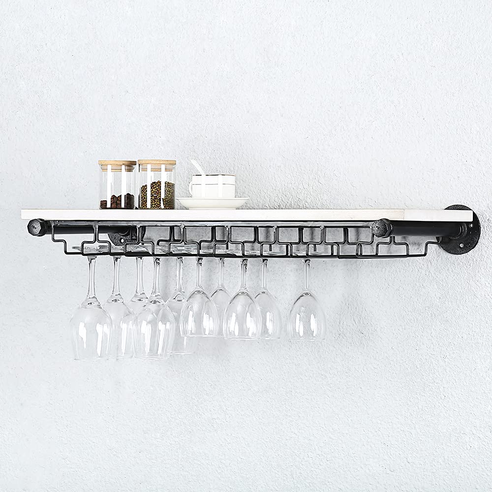 OLDRAINBOW Industrial Pipe Shelving Hanging Stemware Racks,Rustic Wall Mounted Wine Rack with 7 Glass Holder,Steampunk Iron Floating Bar Shelves Stemware Holder,30in Metal Real Wood Shelf Wall Shelf