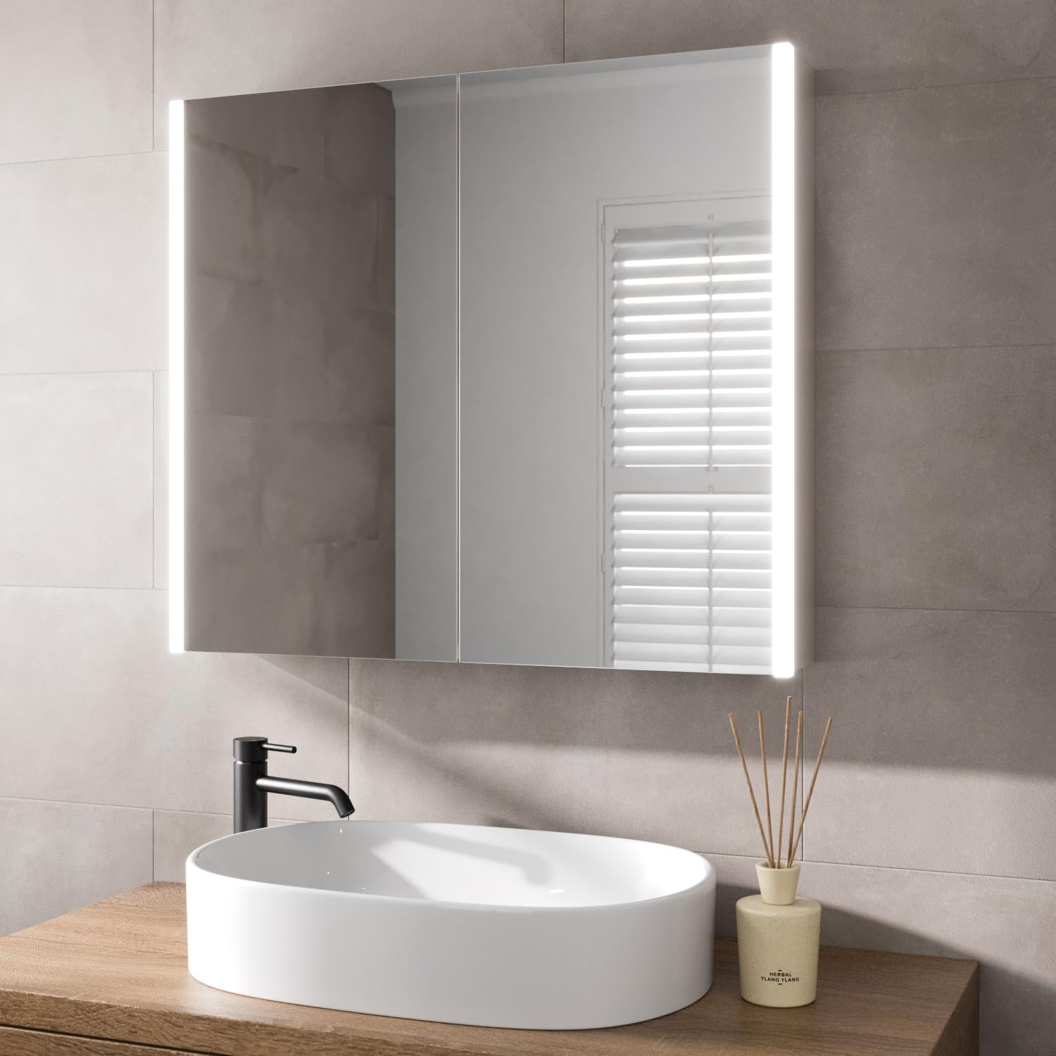 BAYSTONEBathroom Cabinet LED Mirror Wall Hung Illuminated Shaver Infrared Sensor Demister Modern 600 x 700mm