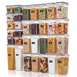 Vtopmart 32pcs Food Storage Container Set, Kitchen & Pantry Organizers and Storage, Plastic Airtight Pantry Container with Lids for Cereal, Flour and Sugar, Includes 32 Labels (Black)