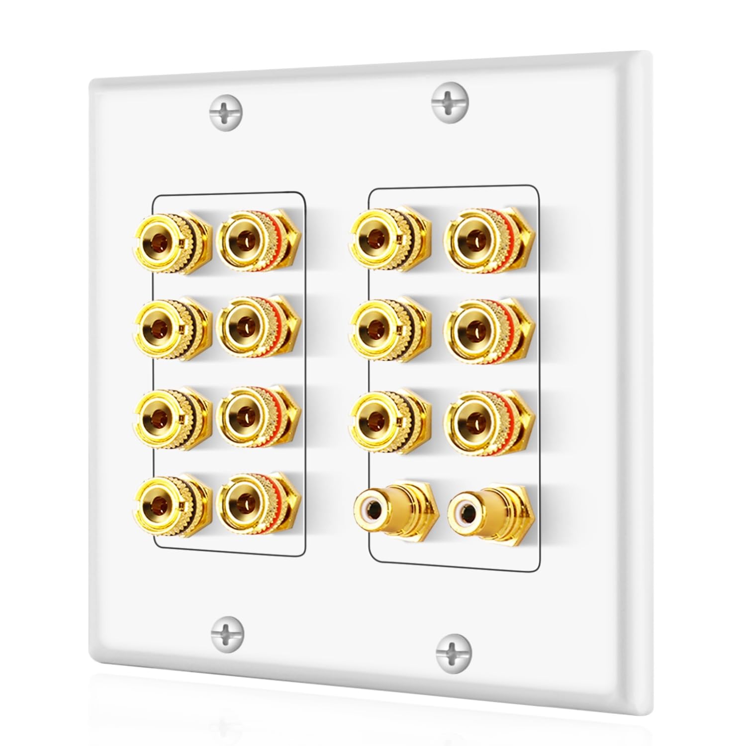 TNP Home Theater Speaker Wall Plate Outlet - 7.2 7.1 Surround Sound Audio Distribution Panel, Gold Plated Copper Banana Plug Binding Post Coupler, 2 RCA LFE Input Jack for Subwoofer (2-Gang)