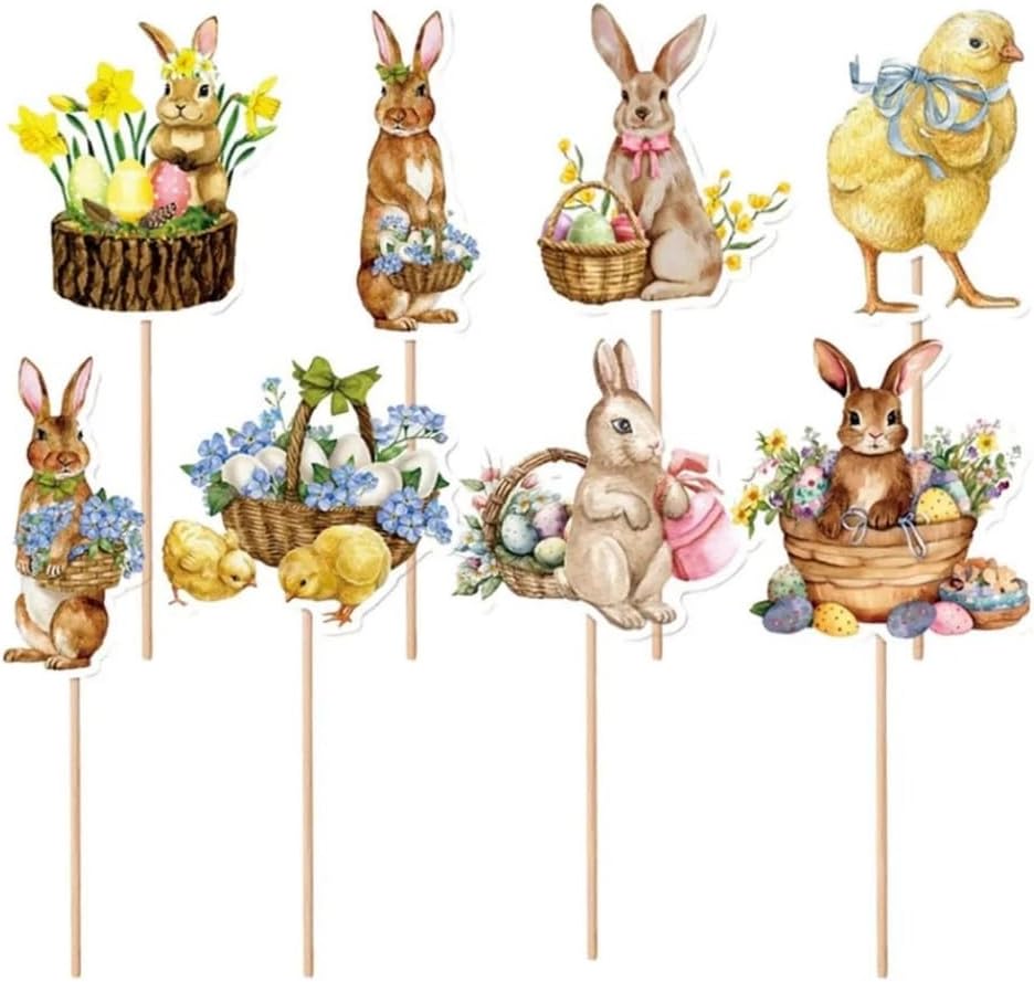 8Pcs Non Edible Cupcake Toppers Cute Easter Bunny Design Reusable Toothpicks Decorations for Holiday Birthday Parties