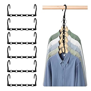 Graunton Space Saving Hangers, Magic Hangers for Closet Organizer and Storage, Smart Space Saver Sturdy Plastic Hangers with 5 Holes for Heavy Clothes, College Dorm Room Essentials (Black 6 Pack)