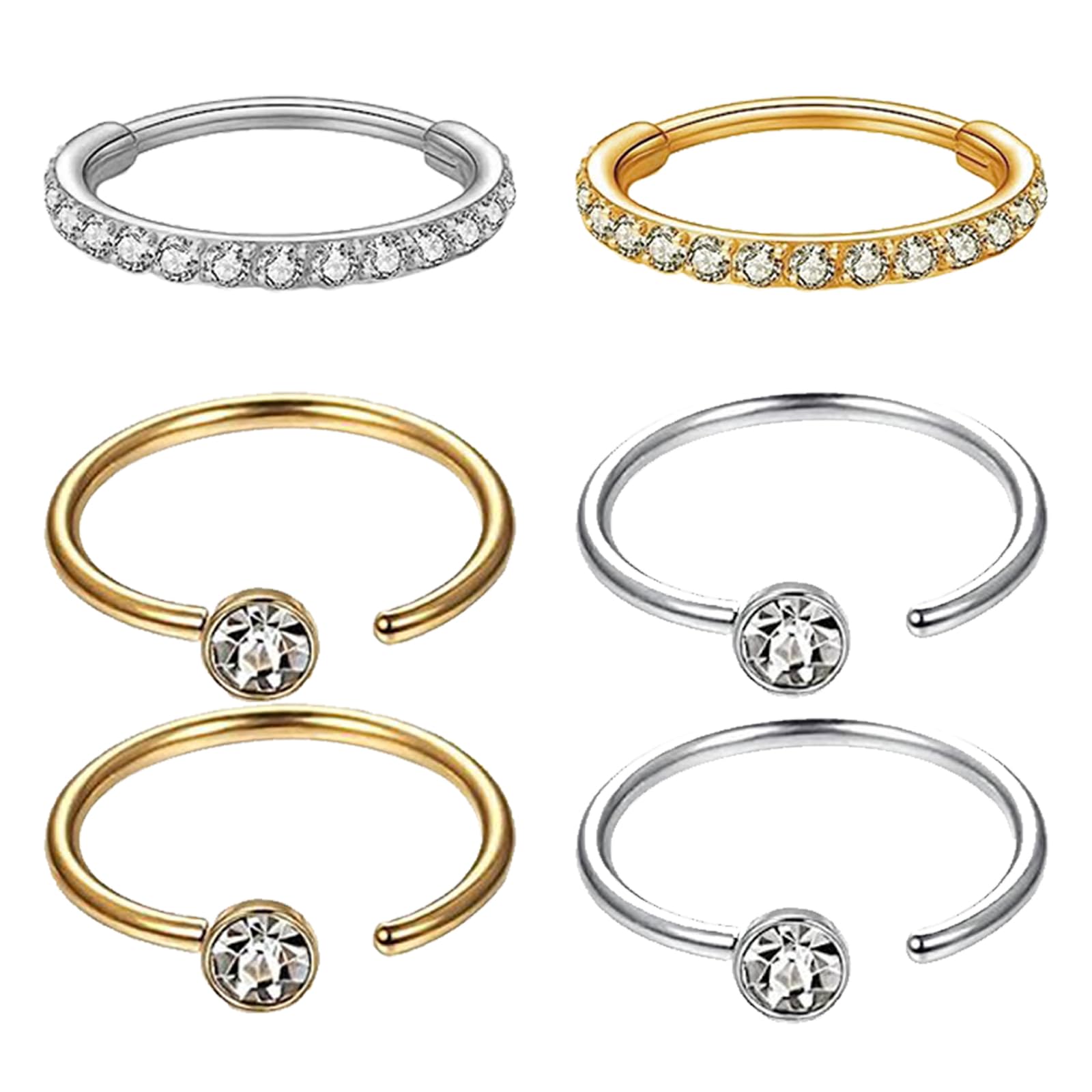 DKDDSSS 6 PCS Piercing Nariz Aro, Anillos de Nariz Pendientes de Aro, Fake Nariz Anillos Hoop, Piercing Nostril Tragus Septum Helix, Oro+Plata