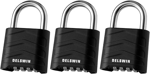 DELSWIN Paquete de 3 candados de combinación grande, 4 dígitos reiniciables con grillete de acero endurecido, cuerpo de aluminio de seguridad,