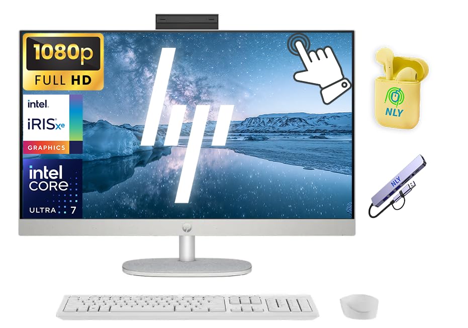 Image of HP 27 inch FHD Touchscreen All-in-One Desktop Computer, 12-core Intel Ultra 7 Processor, 64GB RAM 2.5TB Storage (2TB SSD+512GB Docking Set), Windows 11, Wireless Keyboard & Mouse, NLY Earphones, White