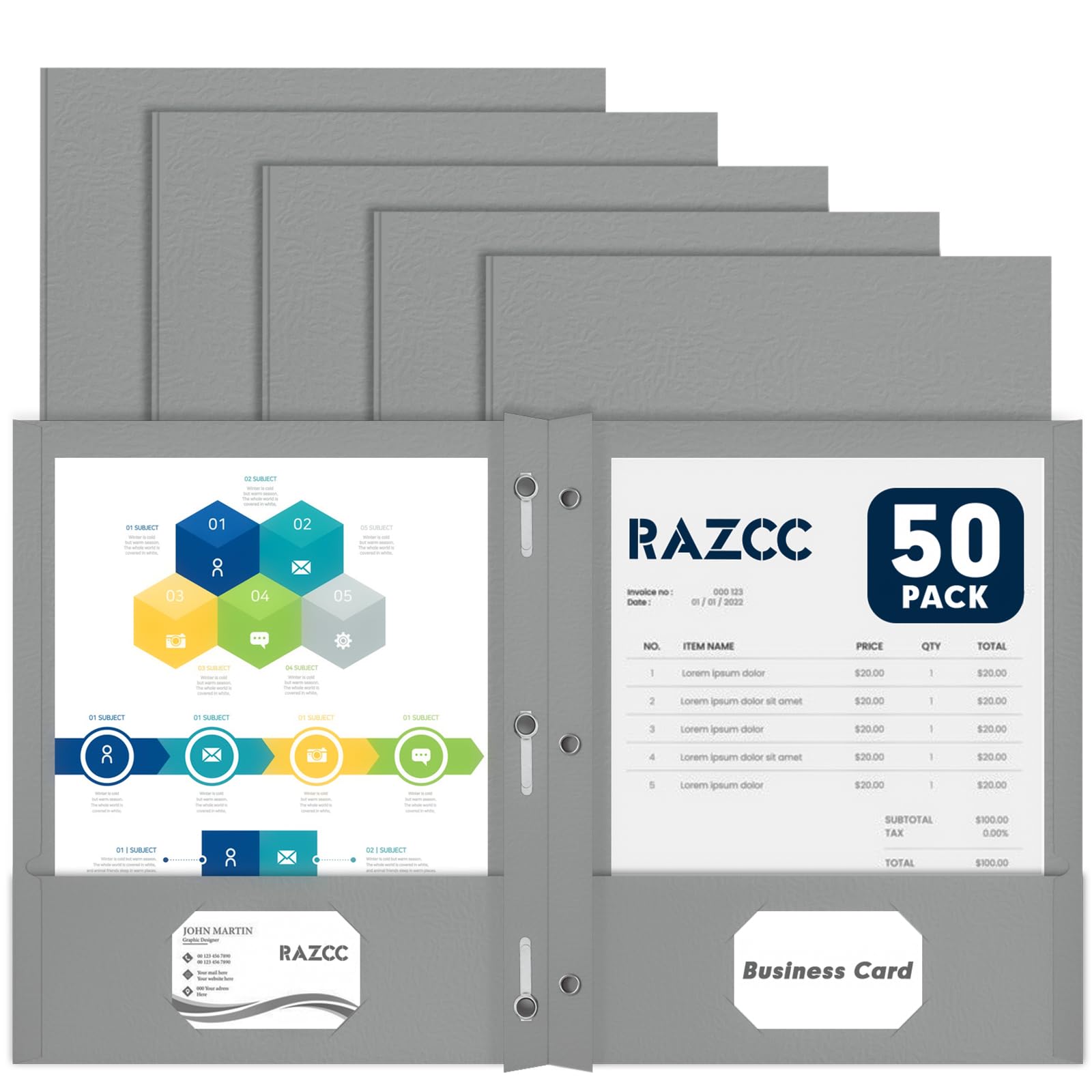 Two Pocket Folders, RAZCC 50 Pack Two Pocket Folders with Prongs, 3 Prong Folders Fit Letter Size Paper, Pocket File Folders for School Office Home Business, Grey