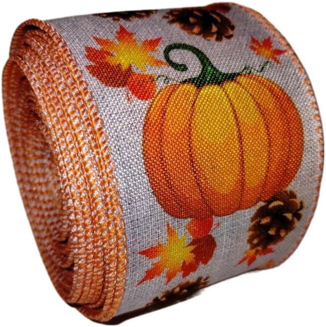 2.5 inch x 10 Yards, Fall Wired Ribbon (Pumpkin & Acorns)