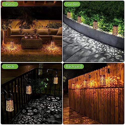 Image of JSOT Solar Lantern - Hanging Solar Lights Outdoor Waterproof, Metal Lantern Decorative Solar Powered Patio Decor for Garden Yard Backyard Porch Table Pathway Tree Lighting, Cool /Warm Light, 2 Pack