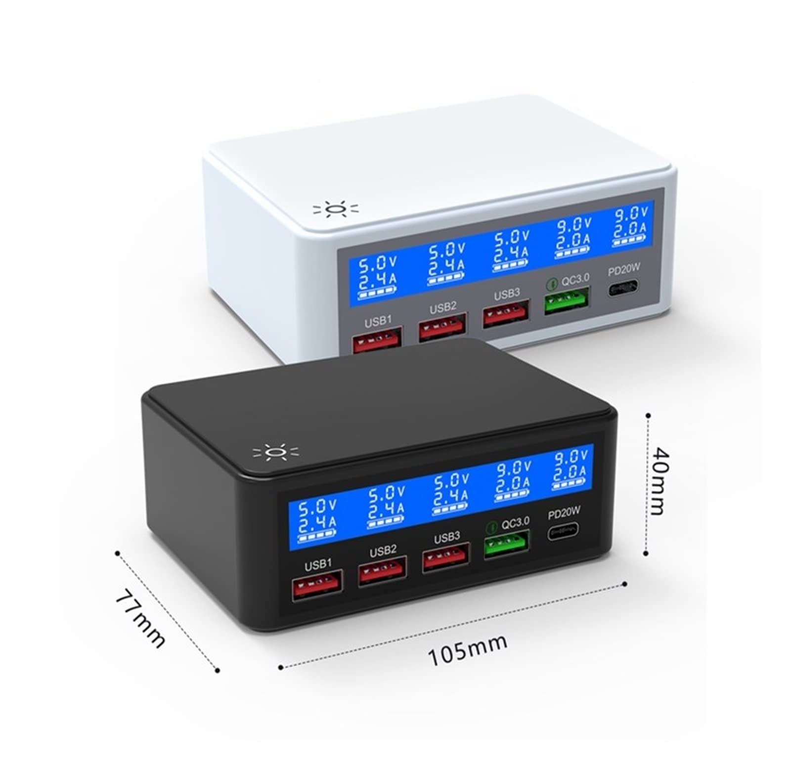 Stazione di Ricarica, Stazione di ricarica rapida USB multi 4 porte da 65 W, hub caricatore da parete QC3.0 PD 20 W a ricarica rapida con LCD for tablet telefono(White)