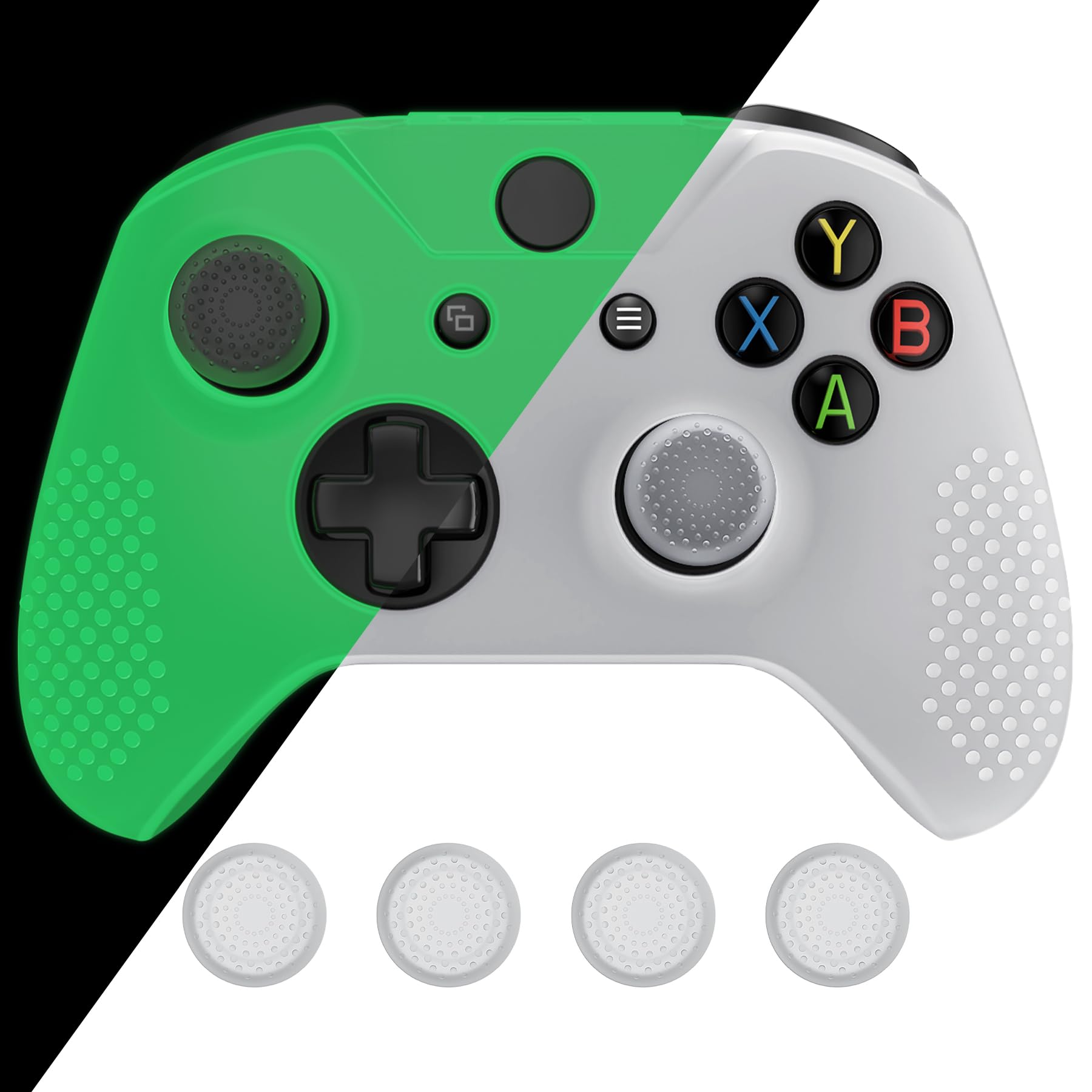 eXtremeRate Cubierta de Silicona para Xbox One S/X Control Accesorios Funda Suave Protectora Antideslizante Carcasa con 2 Tapas de Joysticks para Xbox One S/X(Brilla en Oscuridad)