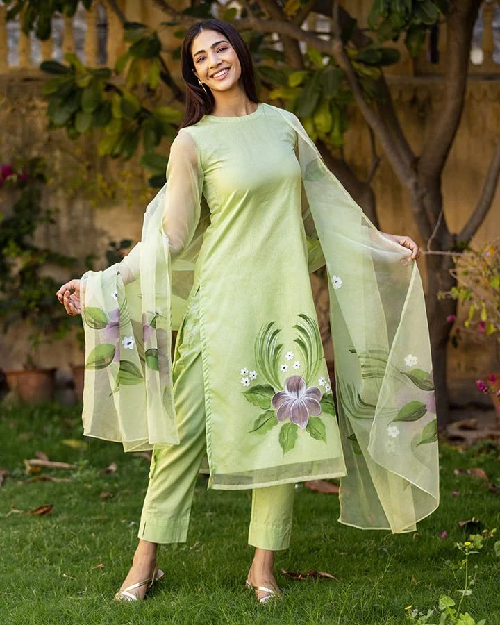 Image of ANNI DESIGNER Women's Chanderi Cotton Straight Printed Kurta with Pant & Dupatta