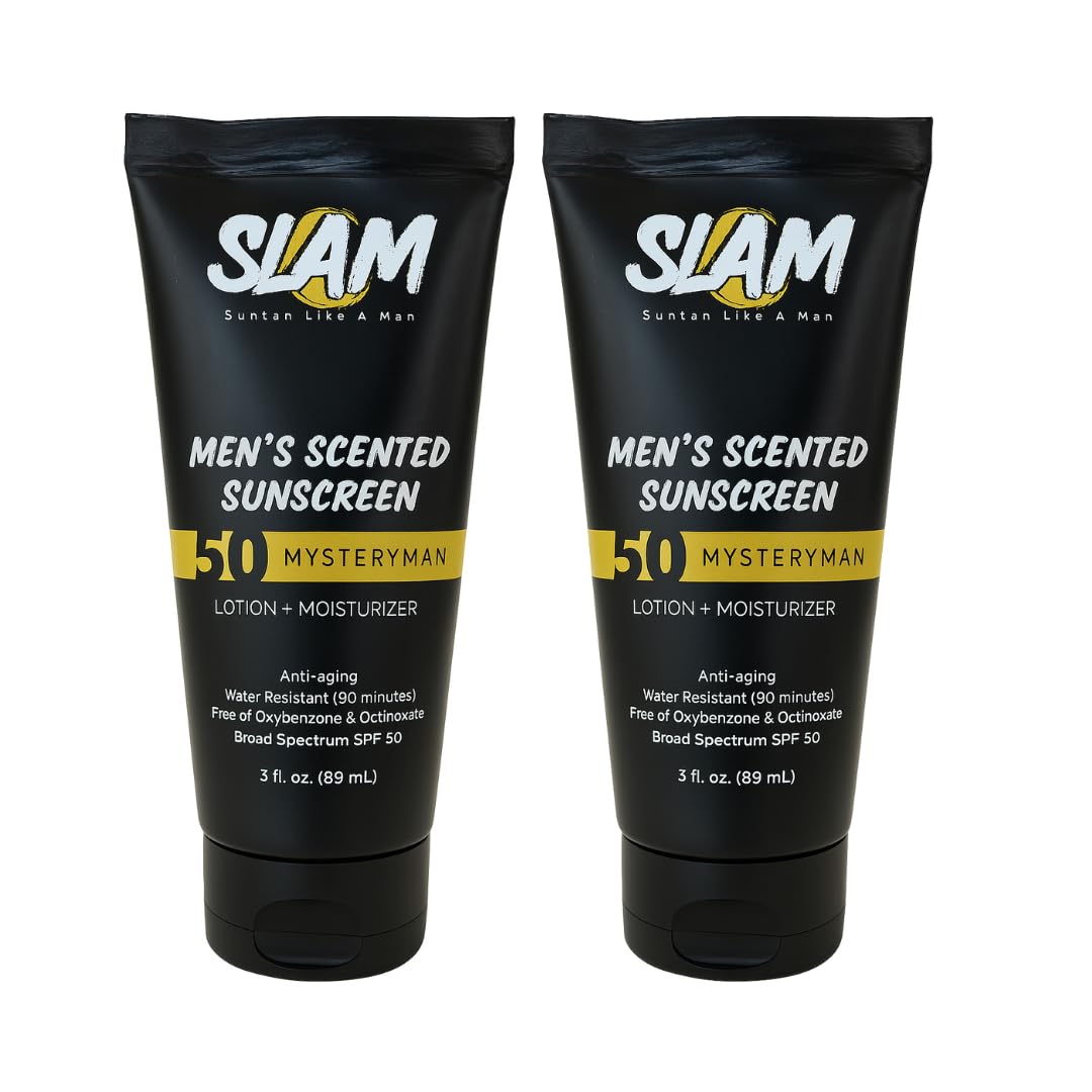 SLAM MysteryMan Men's Sunscreen Lotion SPF 50 & Moisturizer  Face & Body Sun block, Anti-Aging, Water-Resistant, Hawaii Act 104 Safe, Skincare for Men, Scented  3 fl oz. Double pack.