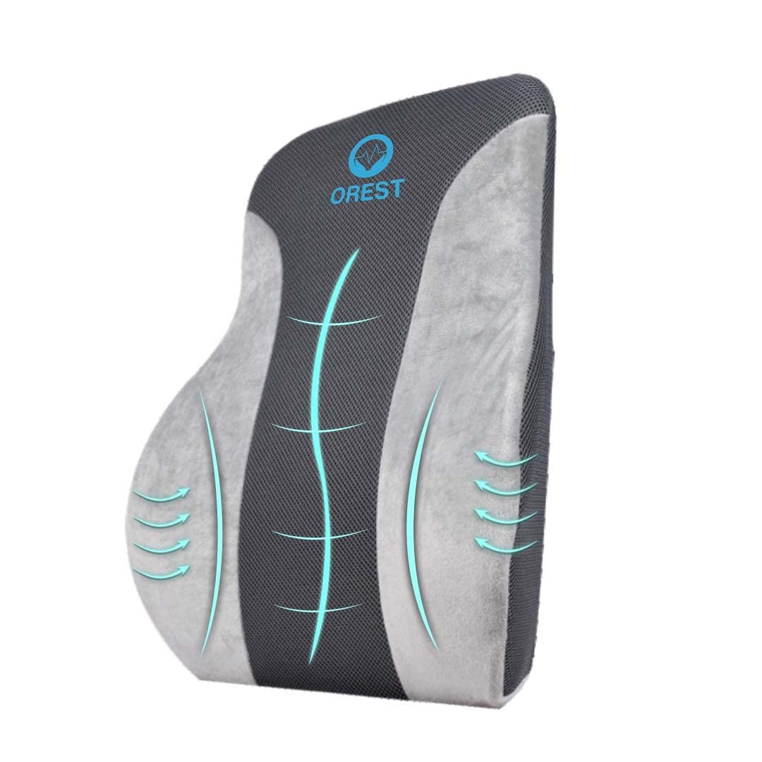 OREST Lumbar Support Pillow for Office and Car Chair | Soft Gray Velvet Pillow Support in Back Pain Relief | Comfirtable for Long Time Working in Office