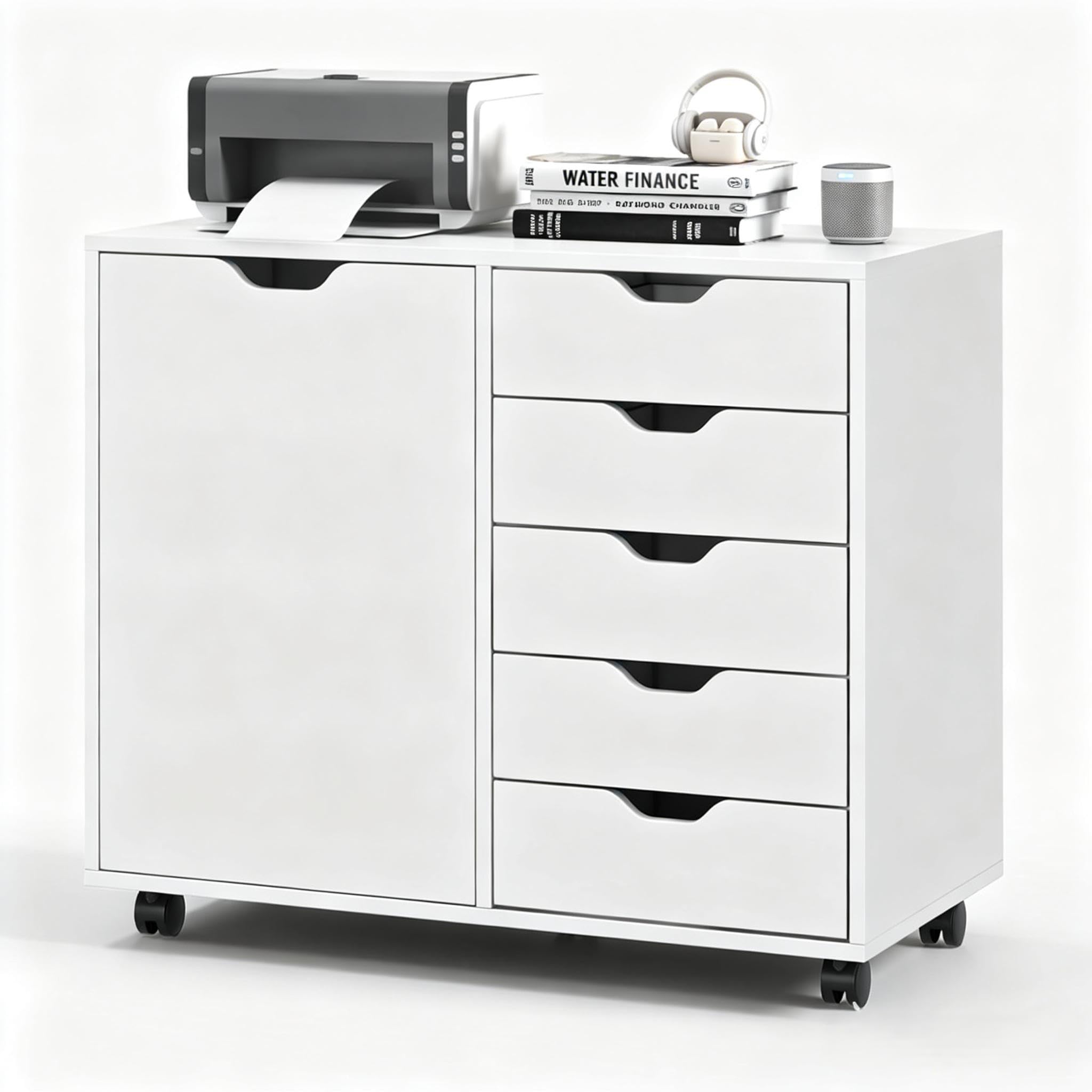 5-Drawer Wood Drawer Cabinet, Office Storage Cabinet with Adjustable Shelf &amp; Wheels, Printer Stand for Home Office, White, 15.7" D x 30.7" W x 25.4" H