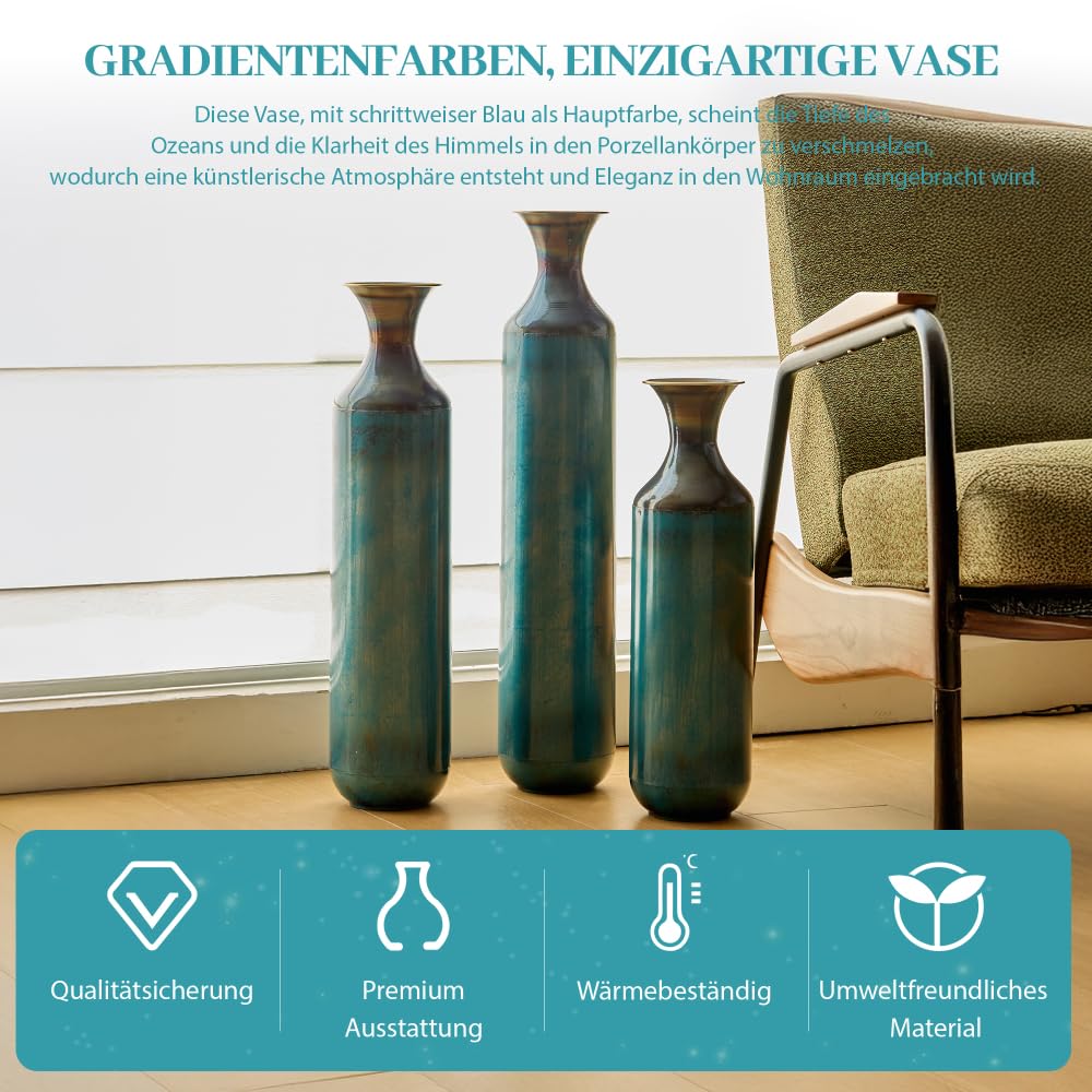 Metallvase 3er Set Vintage Bodenvase Mit Handgebrannter Optik Für Wohnzimmer Flur Und Moderne Wohndeko (Blue+Green + Metal)
