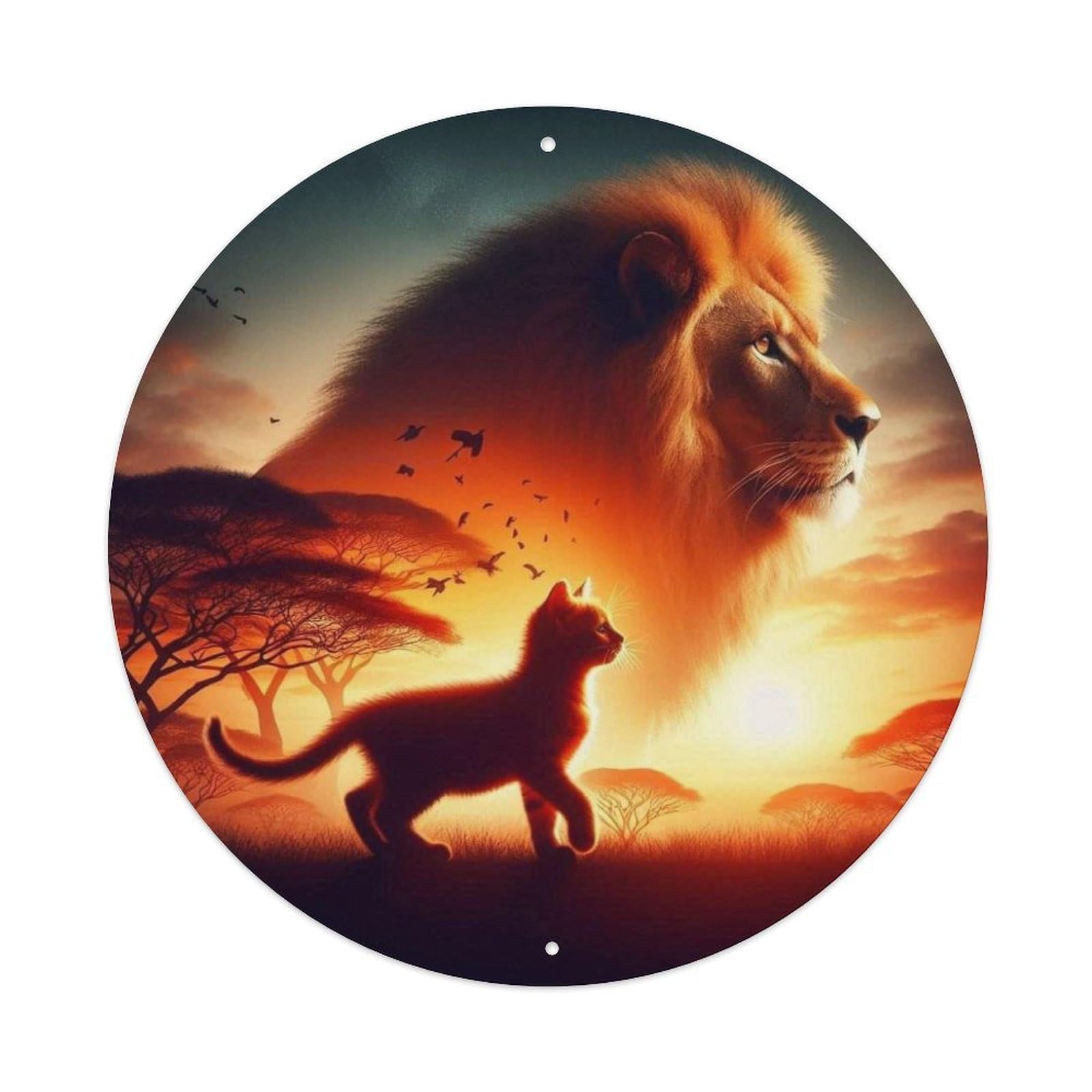 Animal African Lion African Savanna Sunrise Double Exposure Vintage Metal Tin Sign Plaque Wall Decor for Cafe, Club Bar, Office, Garden Metal Poster 8x8Inch