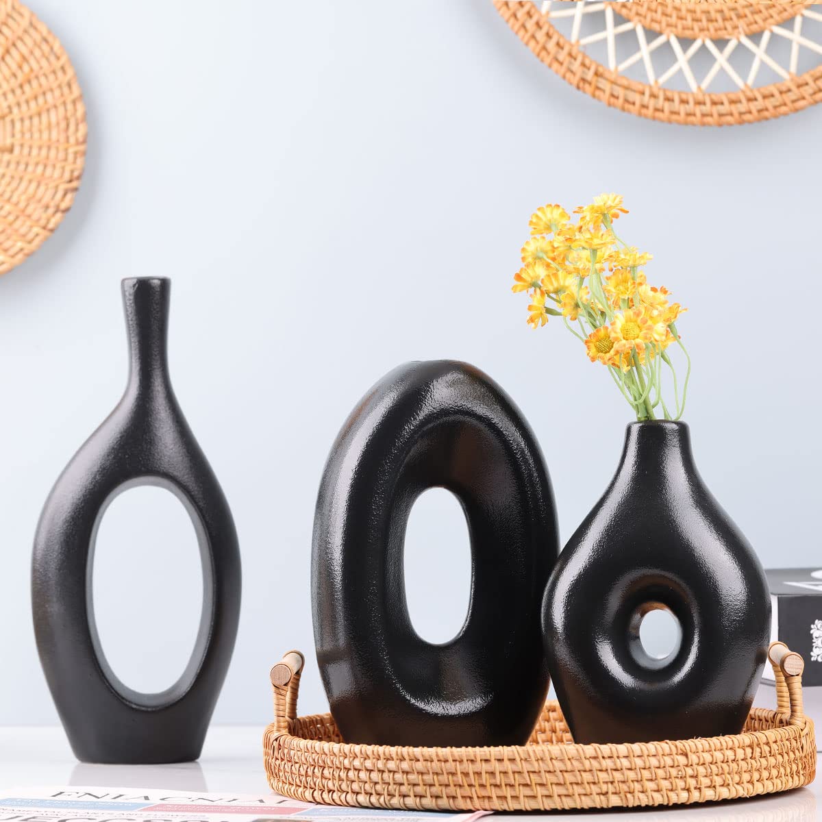 Set di 4 vasi rotondi in ceramica nera Per decorazione di erba e fiori della pampa Vasi moderni e minimalisti per soggiorno, camera da letto, camino e tavolino da caffè