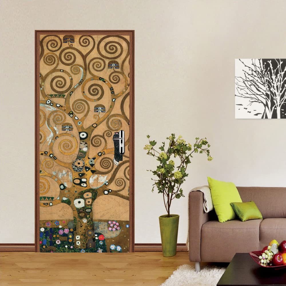 Adesivi Murali Per Porte Interne Legno, Adesivo da parete Decalcomania per camera da letto Home Decor Impermeabile, Aggiornamento in vinile Premium rimovibile, Klimt pittura a olio albero della vita