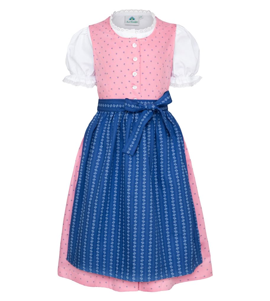 Isar-Trachten Dziecięcy Dirndl 3-częściowy różowa sukienka/bluzka z bufiastymi rękawami/niebieski fartuch dla dziewczynek Oktoberfest kościelne wesele niedzielna wycieczka