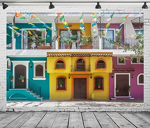 BELECO 5x3ft Fabric Mexican Old Streets Backdrop Traditional Colorful Houses Building Paper Flags Mexican Fiesta Background Mexican Theme Party Decorations Photo Booth Studio Props - Thumbnail 5