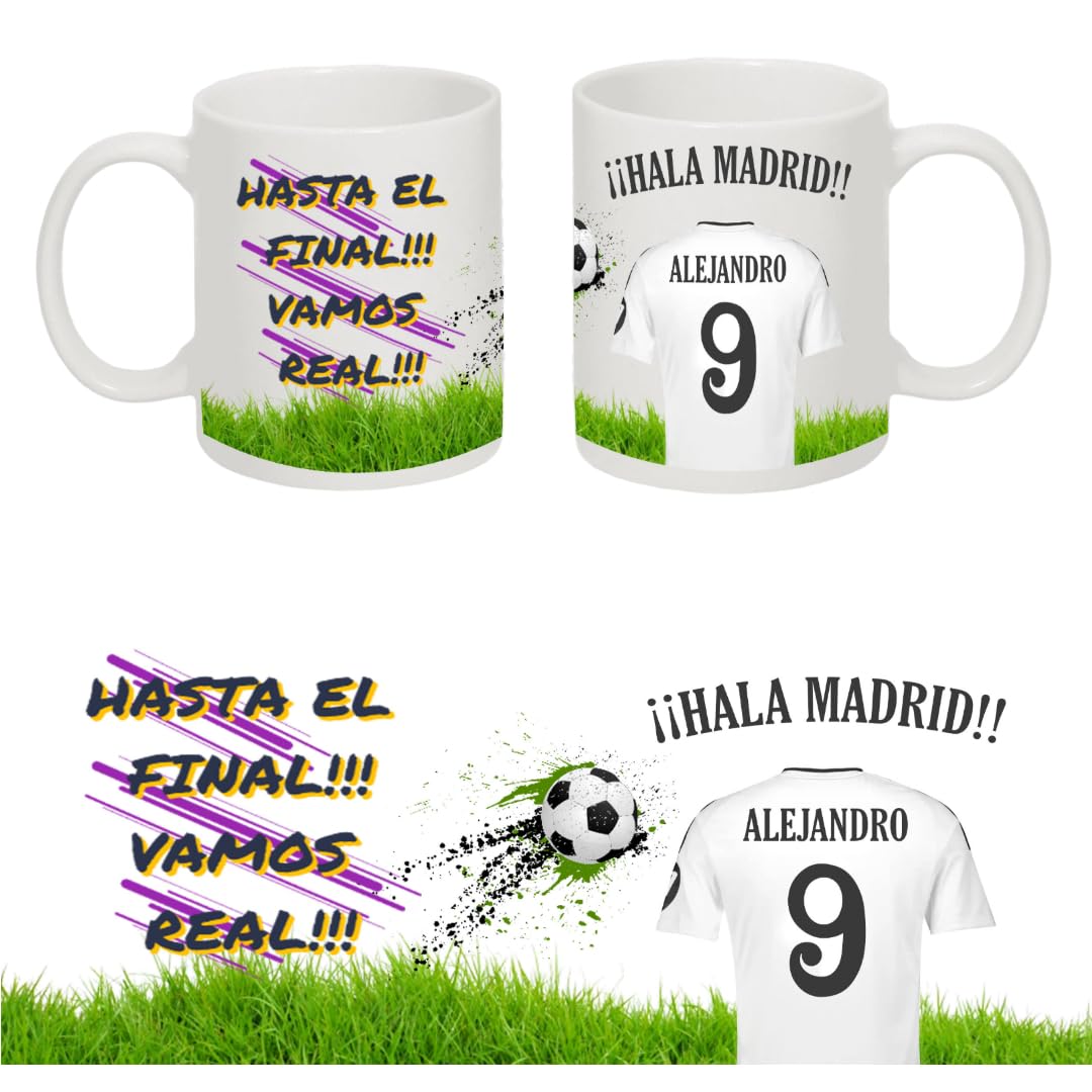 Taza personalizada del Madrid - Regalos originales - Regalos futbol - Camiseta equipos de futbol - Personaliza tu taza con tu nombre y tu numero - Regalos niños R Madrid