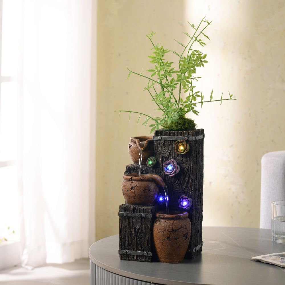 MAOCHI Tabletop Water Fountain, Woodgrain Succulent Growing Fountain with 5 LED Color Changing Lights, Meditation Desk Water Decorative Home Decor, Office Decor or House Warming Gifts New Home
