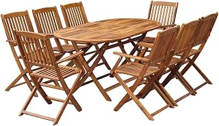 Festnight Juego de Comedor de Jardín Plegable, Conjunto Terraza Mesa y Sillas de Madera 9 Piezas, 1 Mesa Plegable Redonda y 8 Sillones Plegables