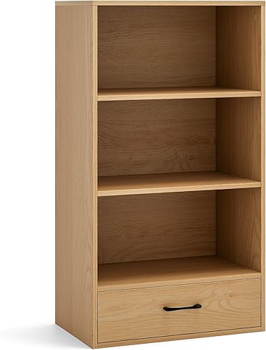 Miniatura 9 de Estantería de 3 estantes con cajón, estantes de madera y estuches para libros, estante de almacenamiento en cubo, estantería pequeña para espacios