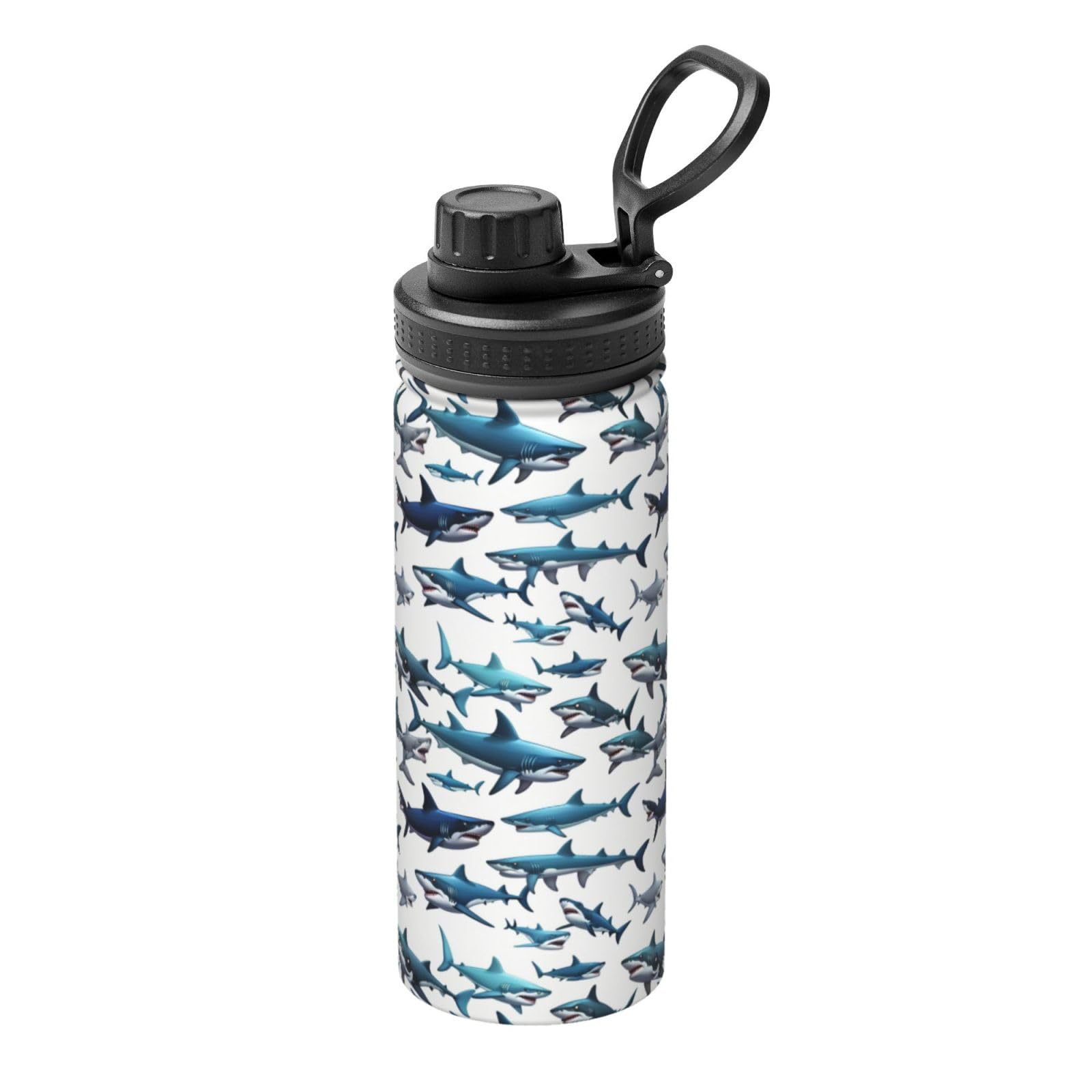 Ocean Shark Insulated Water Bottle with Handle, Stainless Steel Reusable Thermos Flask for Sports and Travel