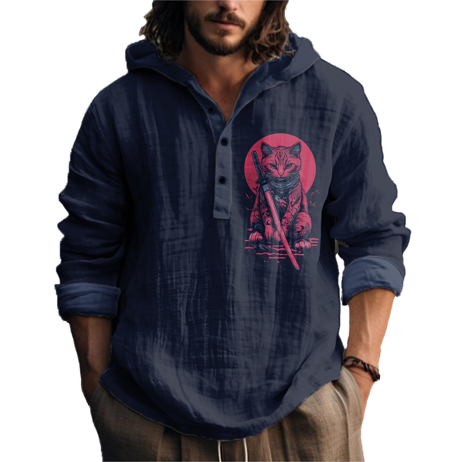 MARSVOVO Mens Japanese Art Long Sleeve Hooded Shirts Lightweight Quarter Button Hoodie Casual Cool Tops for Spring Fall
